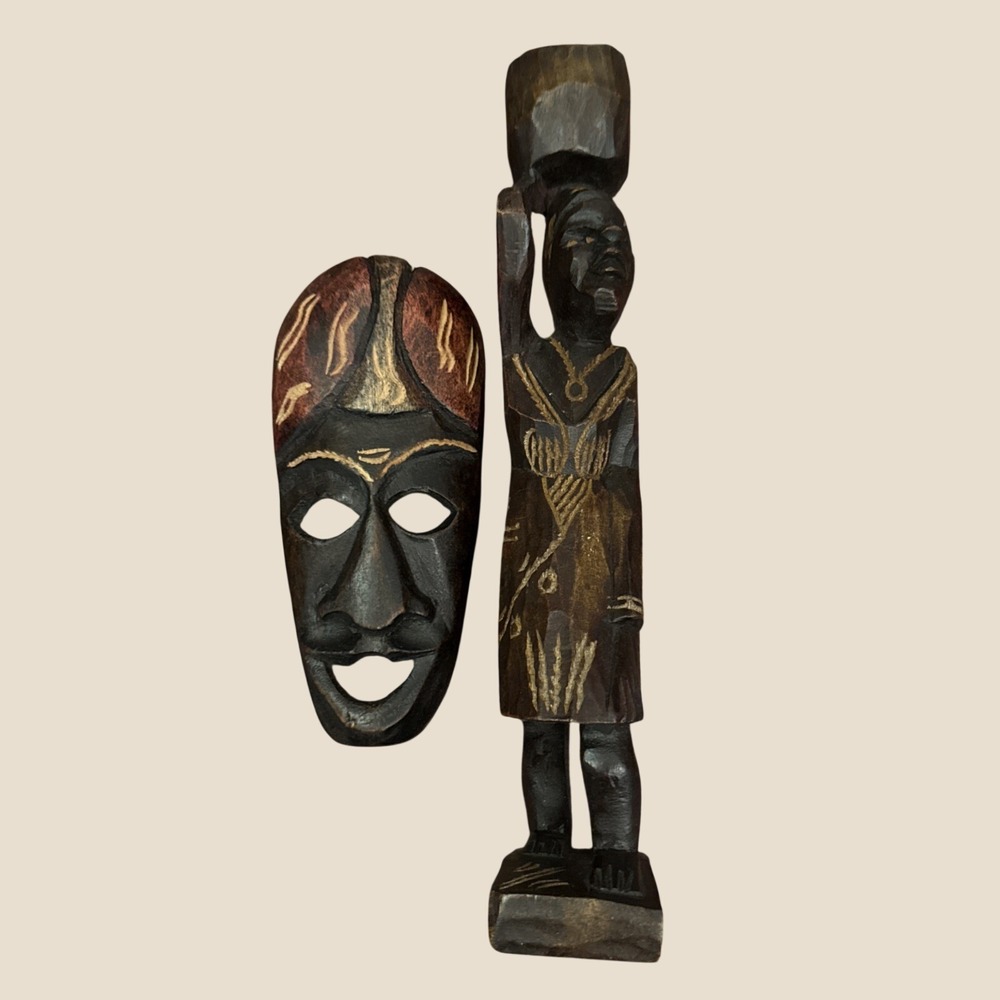 Hand-Carved Wood African Tribal Mask & Woman Figure Art Decor Set